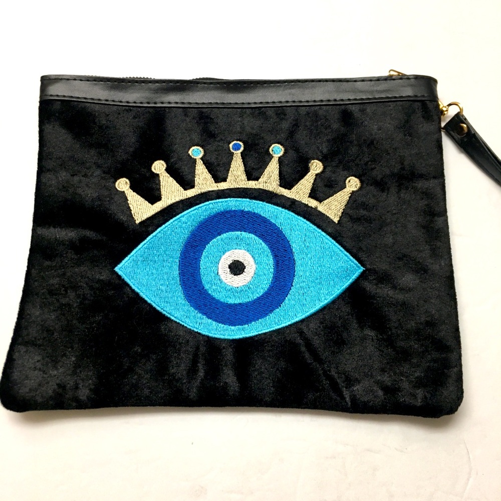 Evil Eye Embroidered Clutch Wristlet Bag Pouch Makeup Bag Black Blue